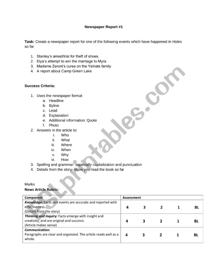 Holes Novel Study- Newspaper Report 