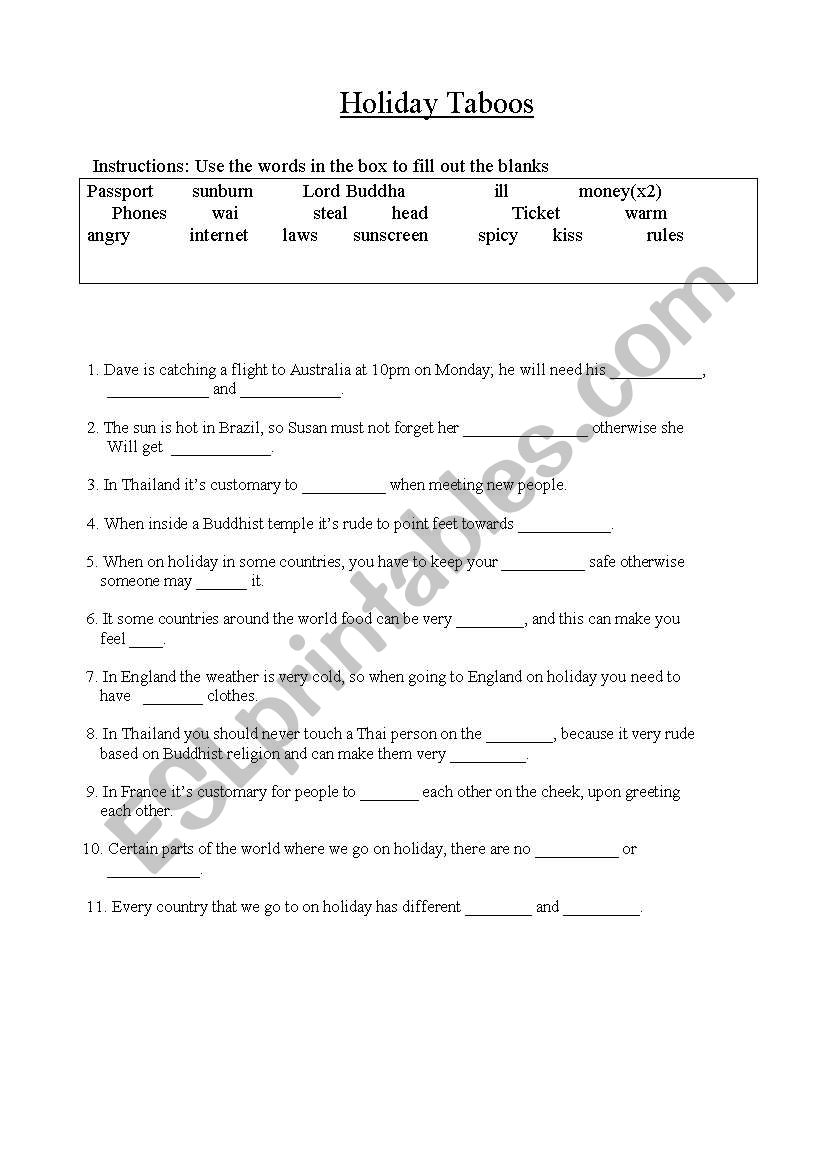 Holiday Taboos worksheet