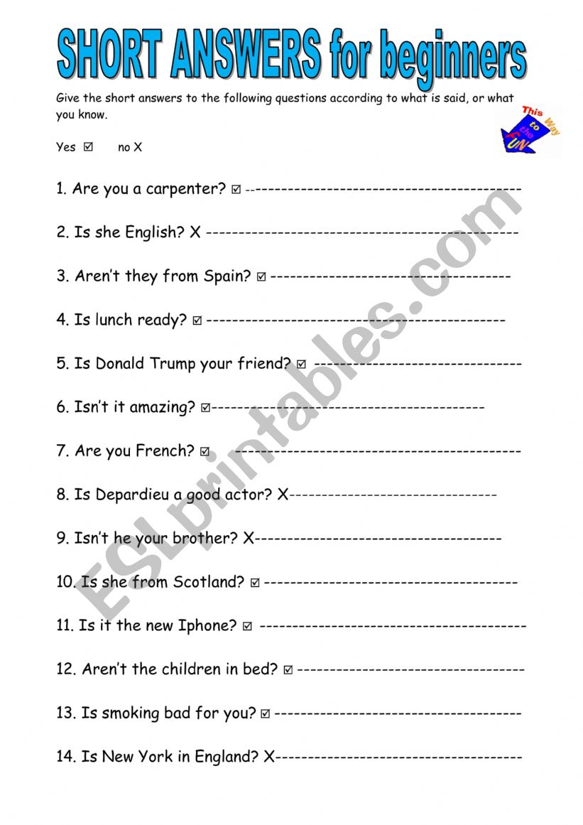 Short answers with TO BE for beginners