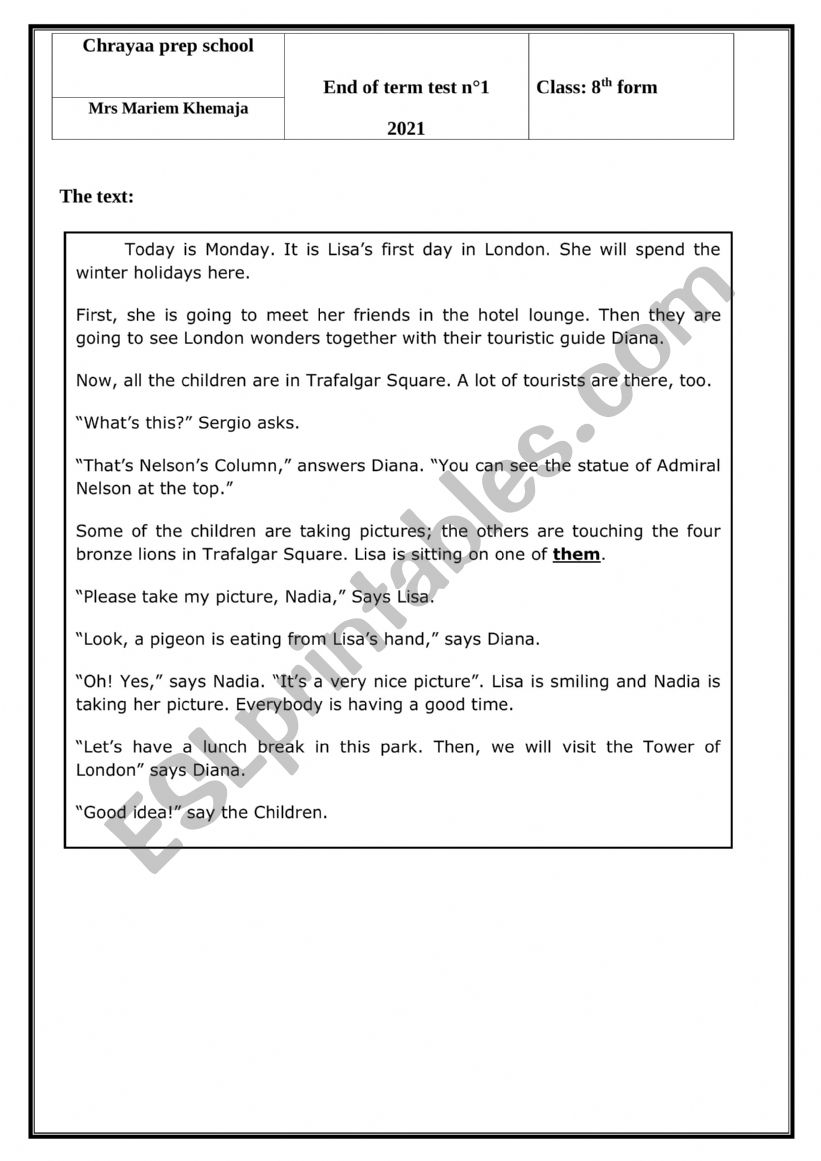8th form end of term test n1 