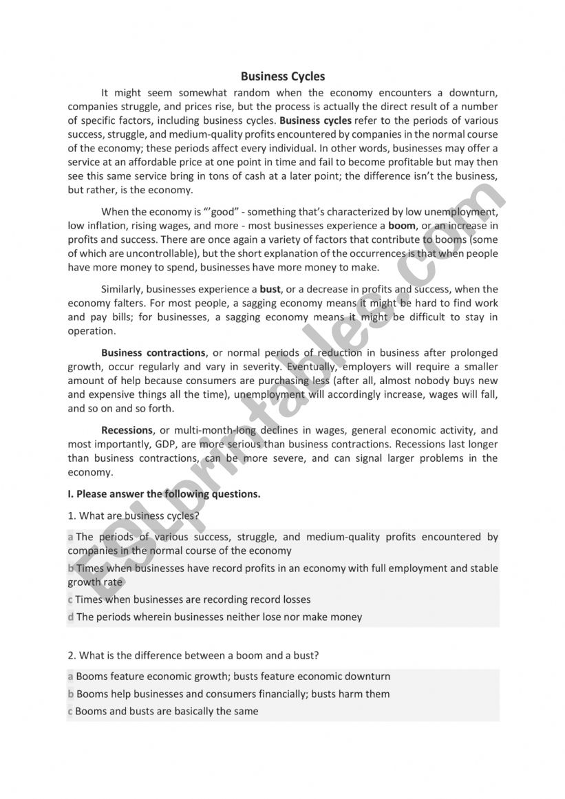 business cycles worksheet