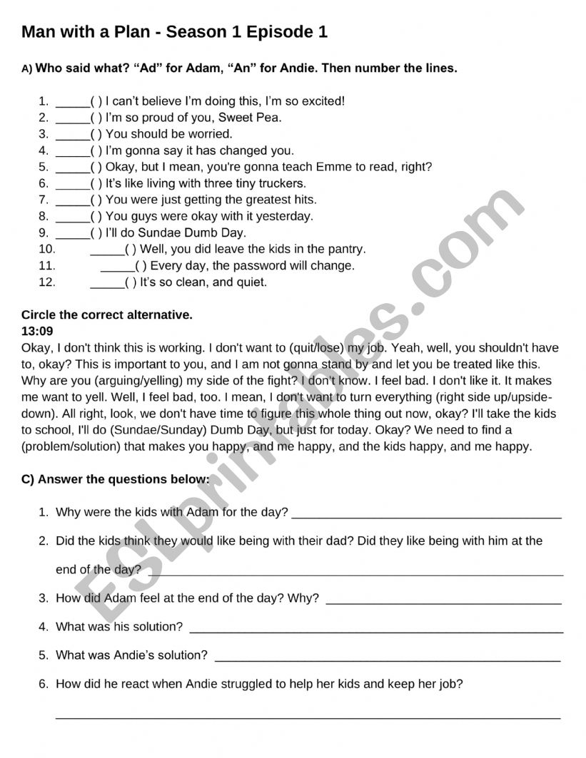 Man with a Plan Season 1 Episode 1 Listening Comprehension Worksheet