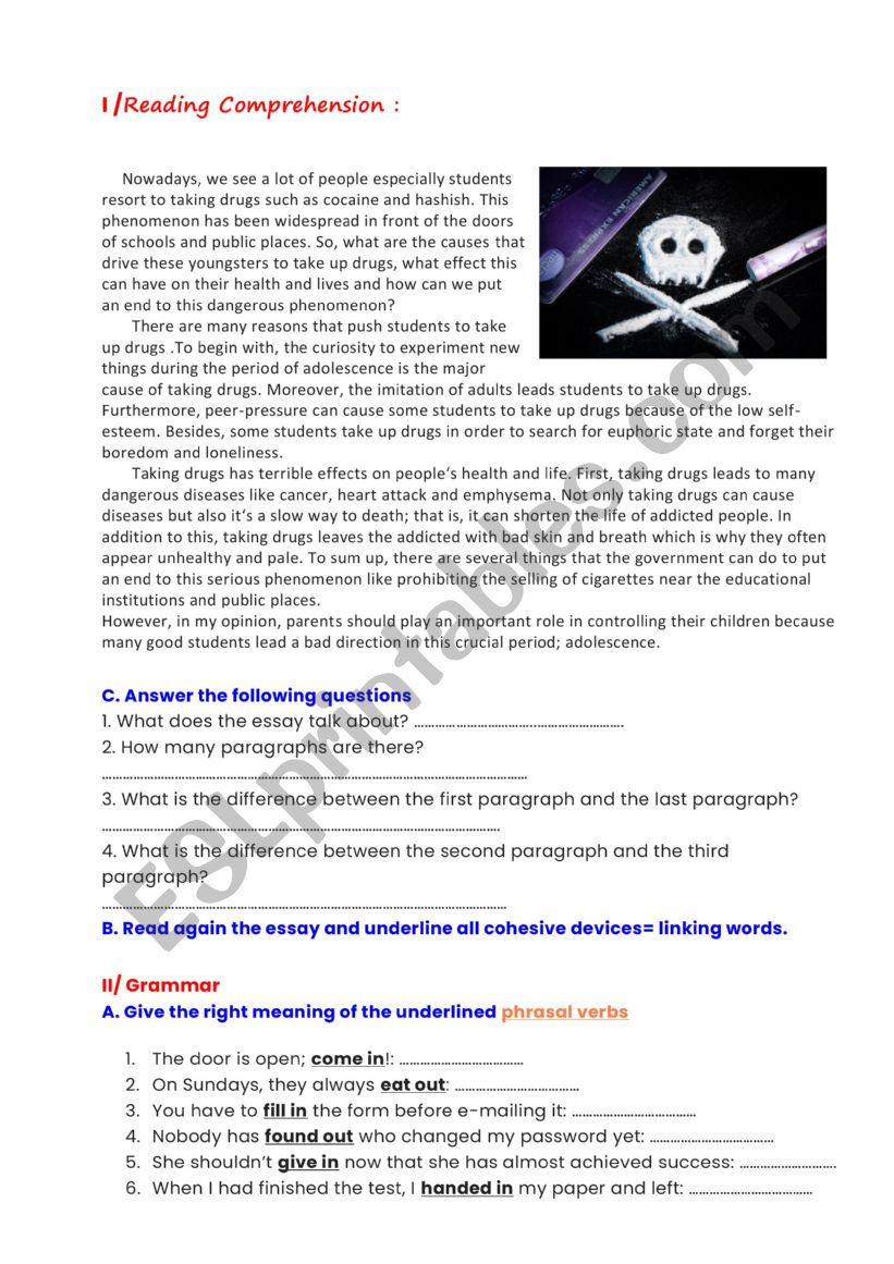 Reading comprehension(about drugs) / language and writing activity worksheet 