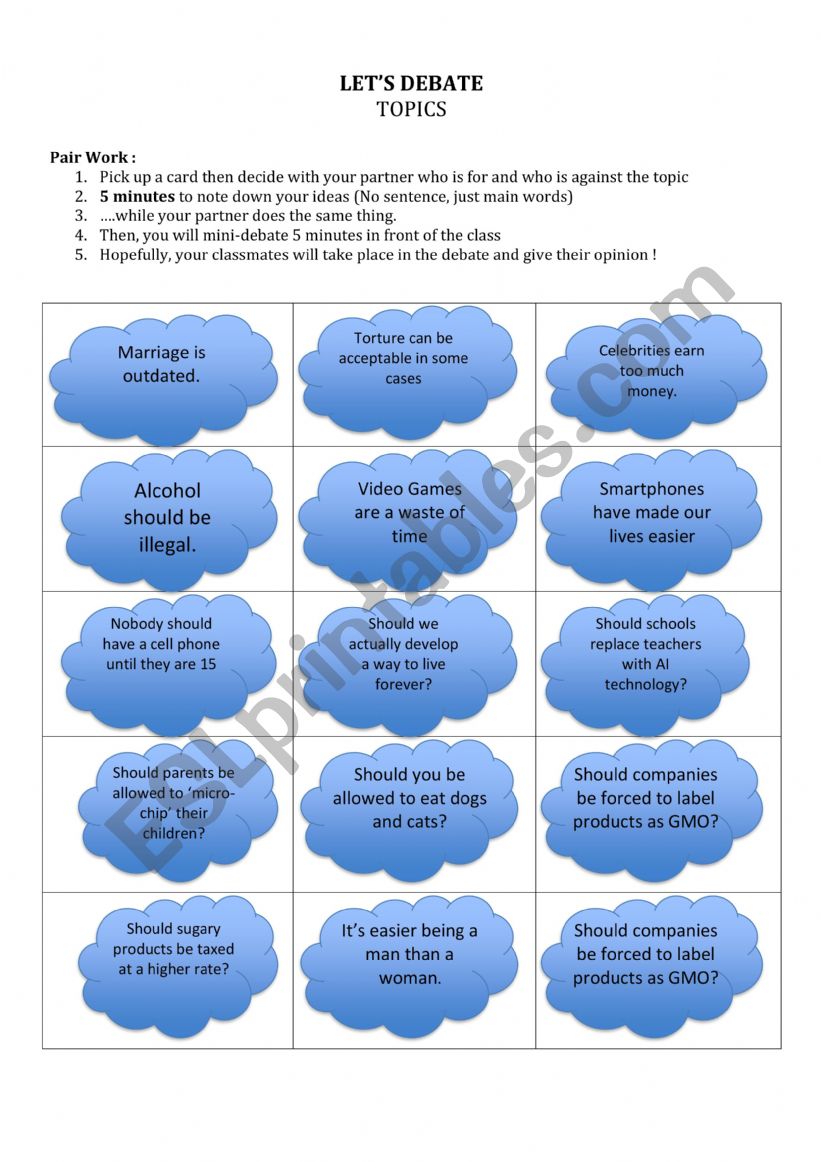 Topics for 5 minute debates worksheet