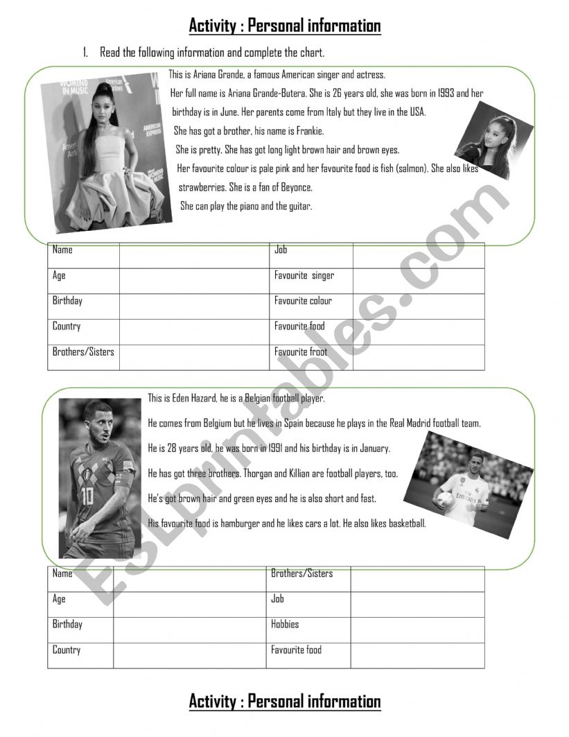 Ariana Grande and Footballer worksheet