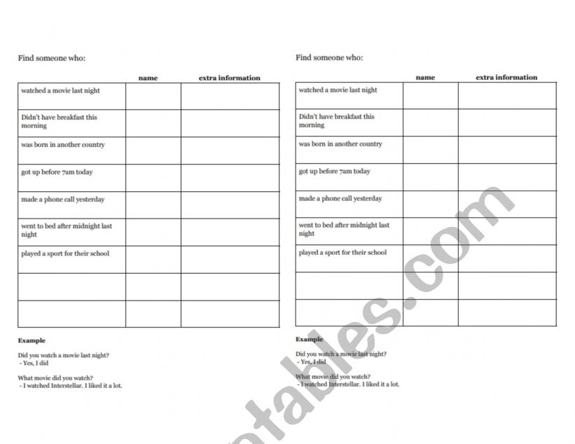 Past tense find someone who worksheet