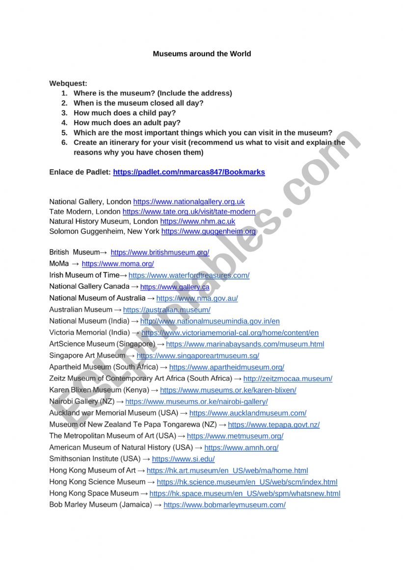 Museums around the world worksheet