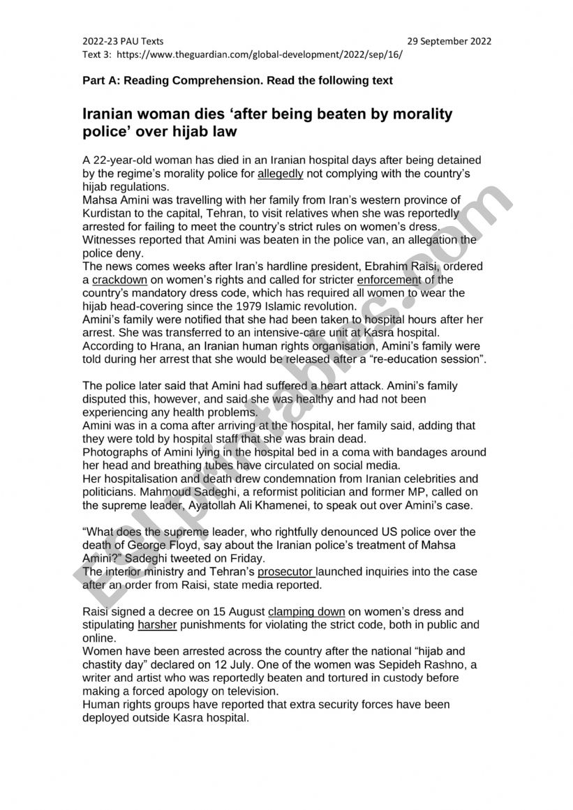 Iranian Woman killed worksheet