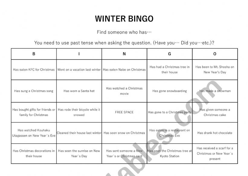 Winter Bingo  worksheet