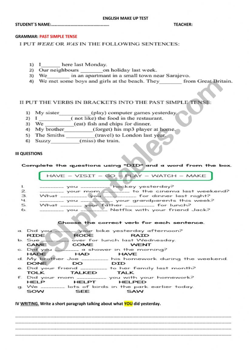 English make up test worksheet