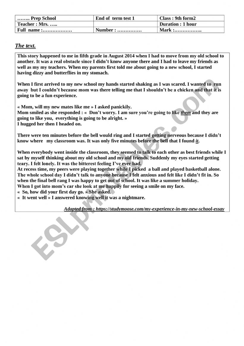 End of term test  worksheet