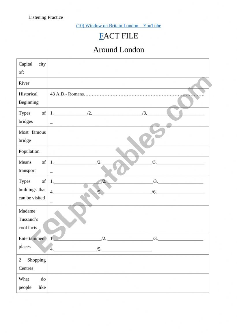 FACTFILE ABOUT LONDON worksheet