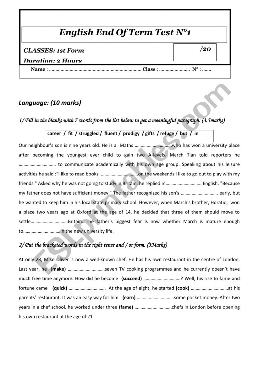 END OF TERM TEST1 FIRST FORM worksheet