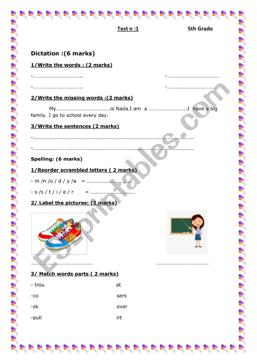 test n1 for 5th grade worksheet