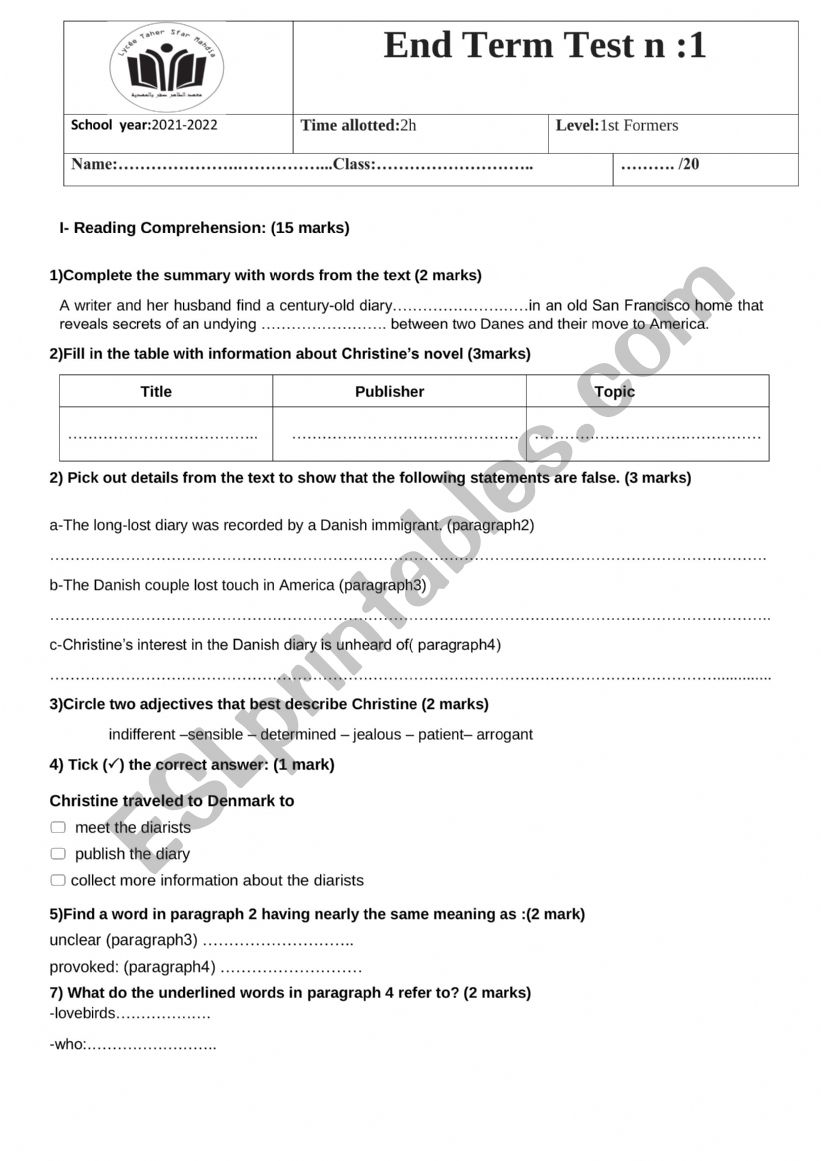 the long - lost diary worksheet