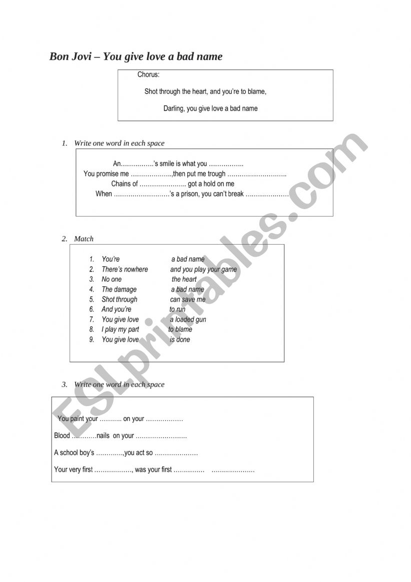 You give love a bad name worksheet