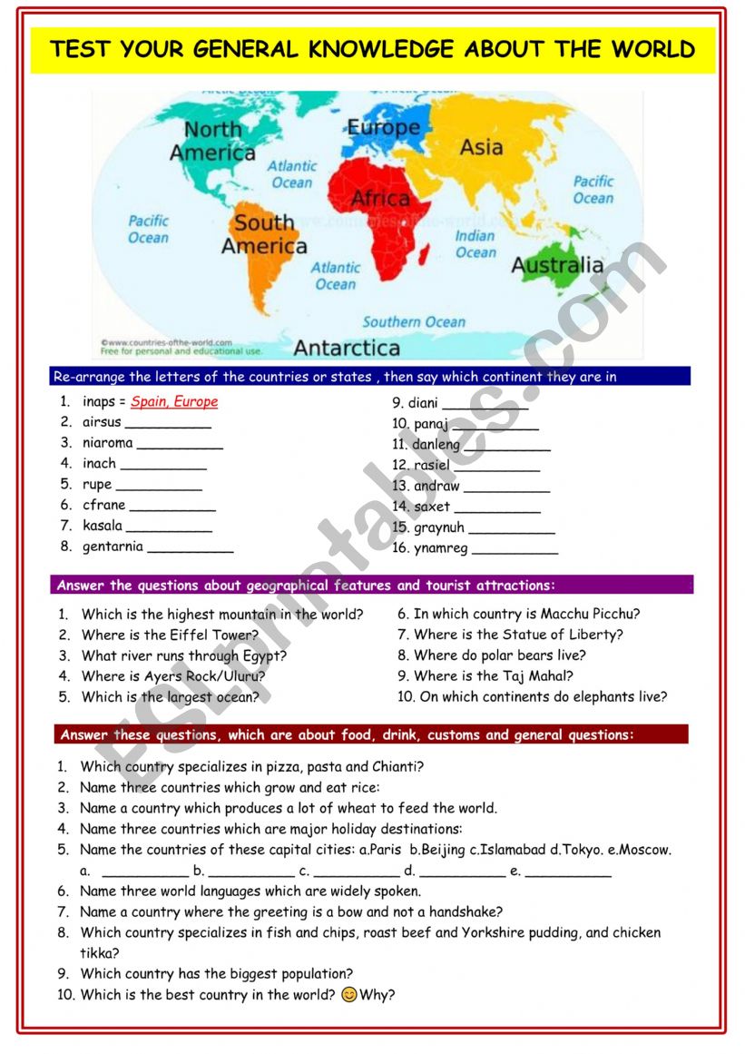 General knowledge of the world test