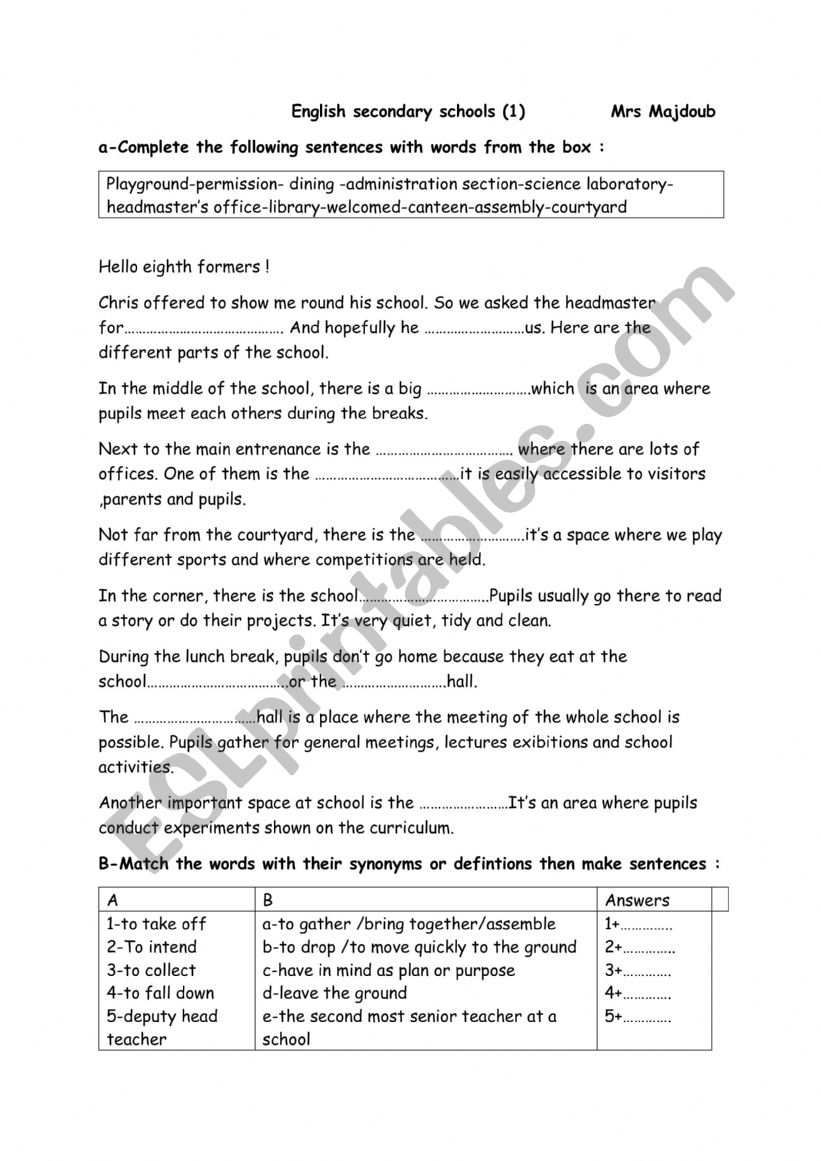 English secondary schools worksheet