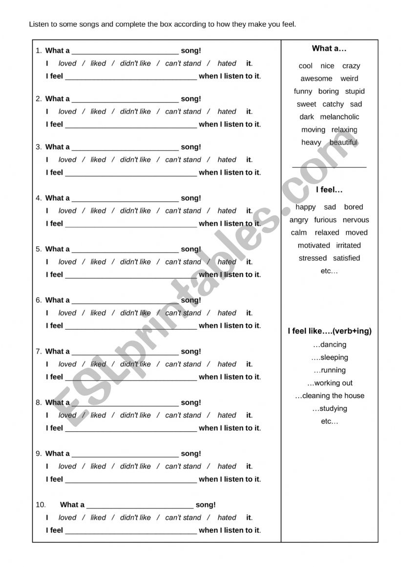 How this song makes you feel worksheet