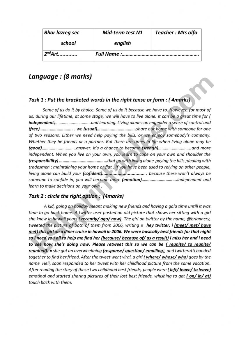 mid term test N1 worksheet