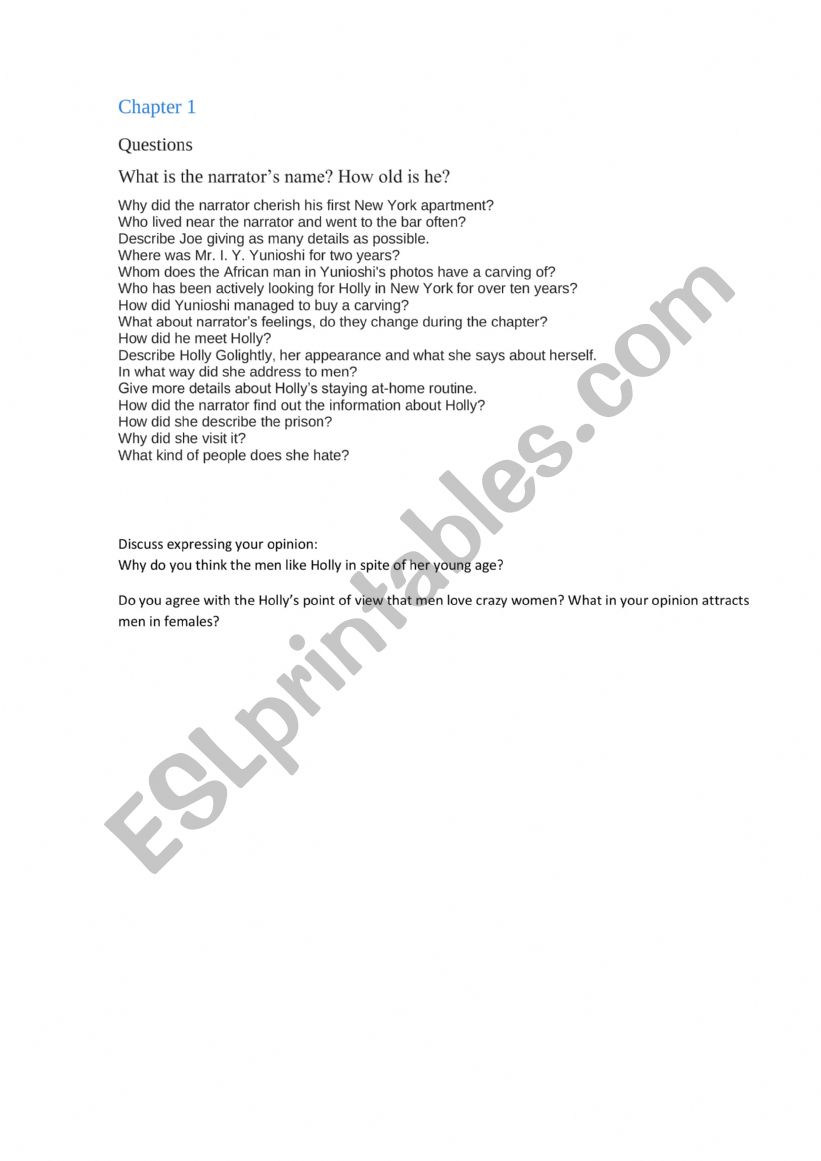 Breakfast at Tifany�s worksheet