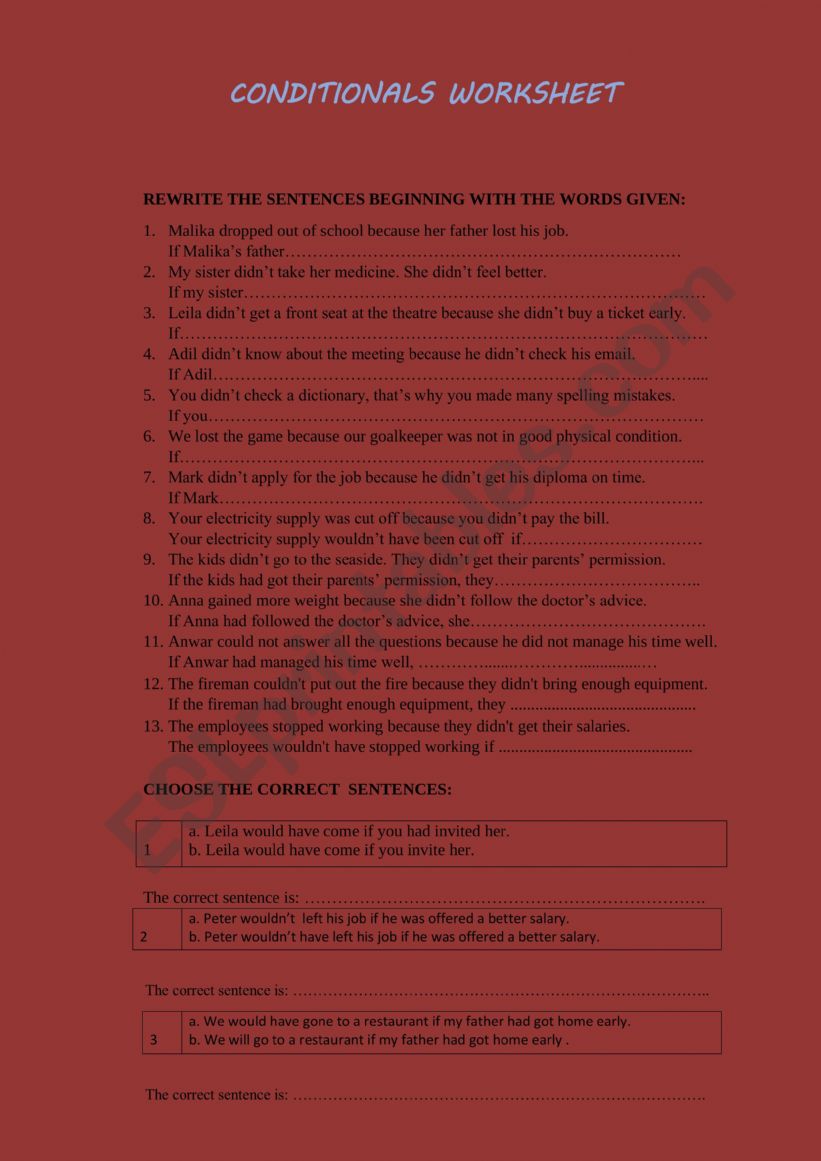 CONDITIONALS WORKSHEET worksheet