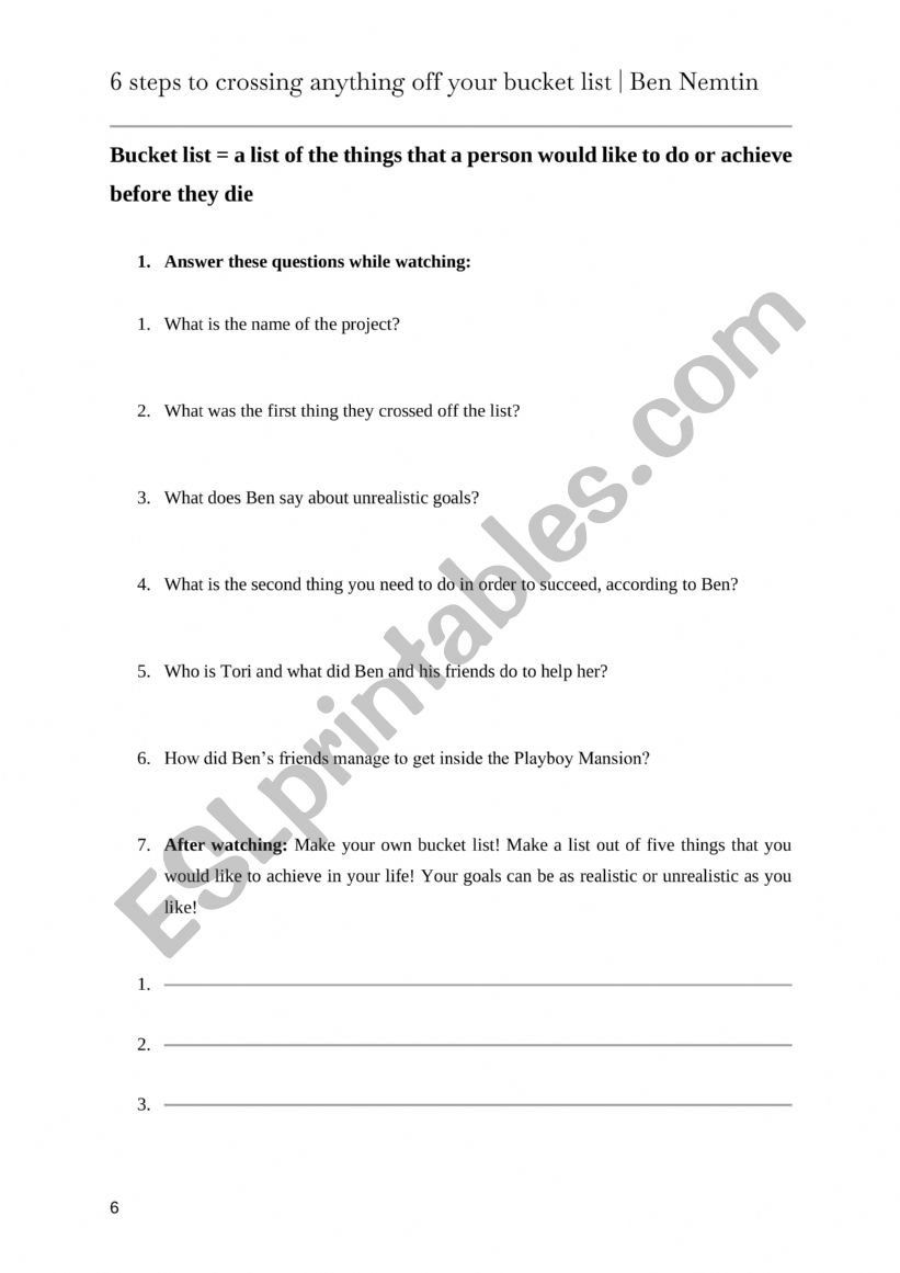 Ben Nemtin Ted Talk Worksheet worksheet