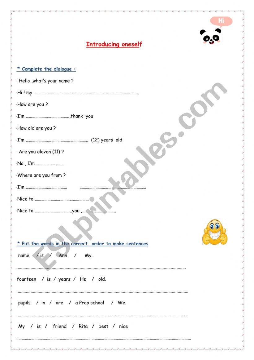 Introducing oneself worksheet
