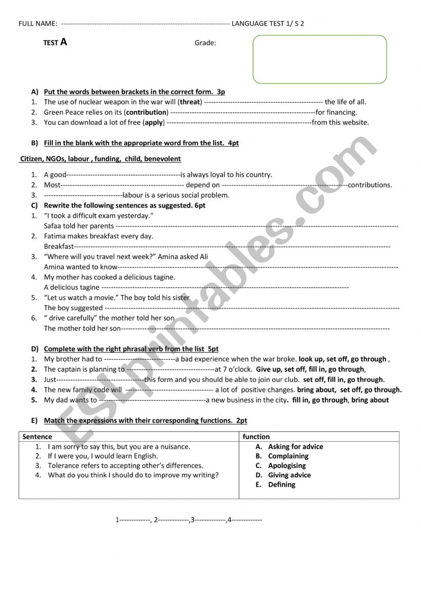 LANGUAGE TEST  worksheet