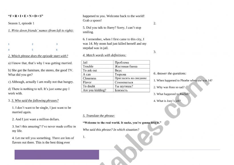 Friends Episode 1 worksheet