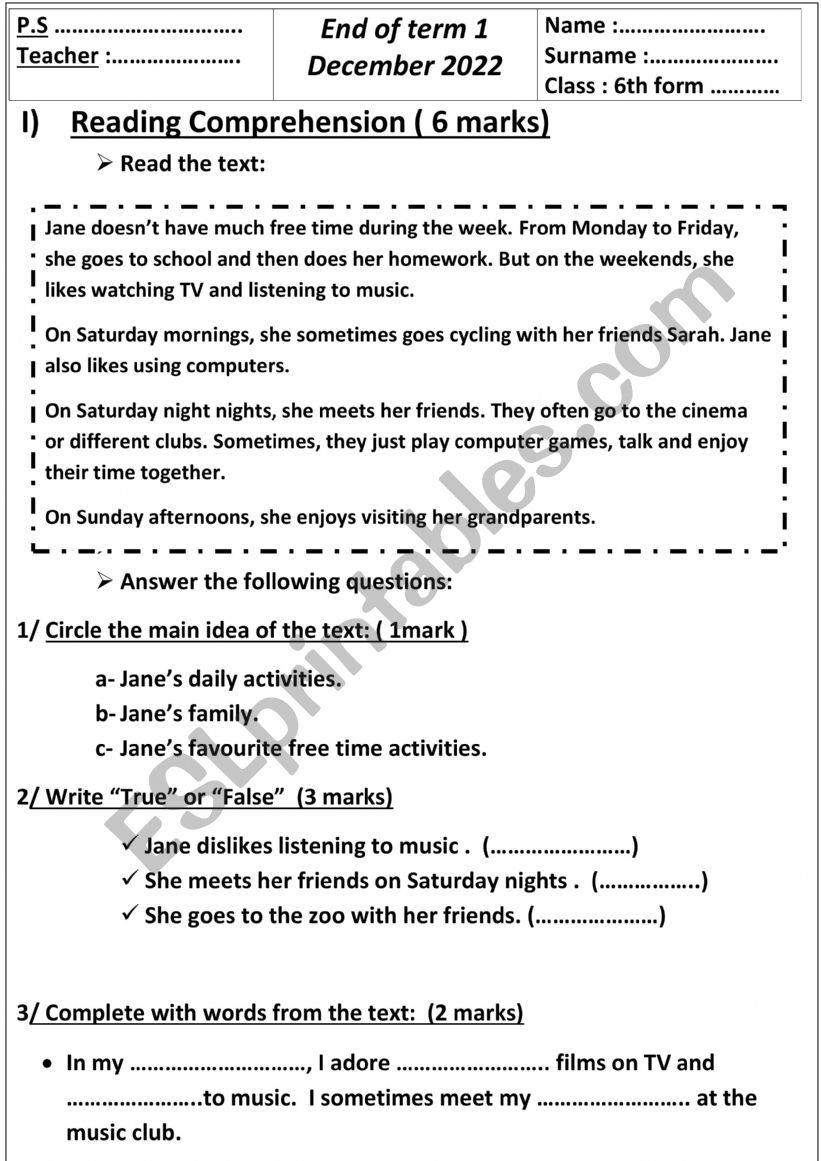 end of term 1 worksheet