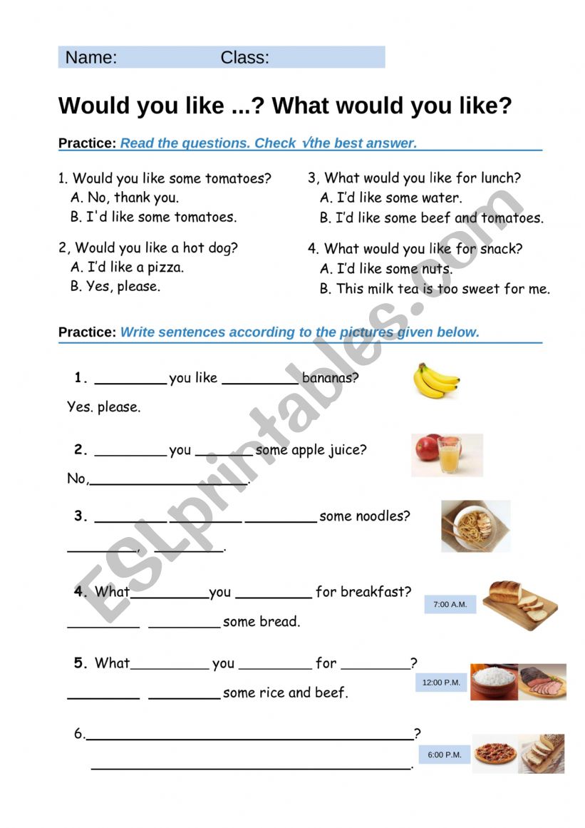 Would you like...? worksheet