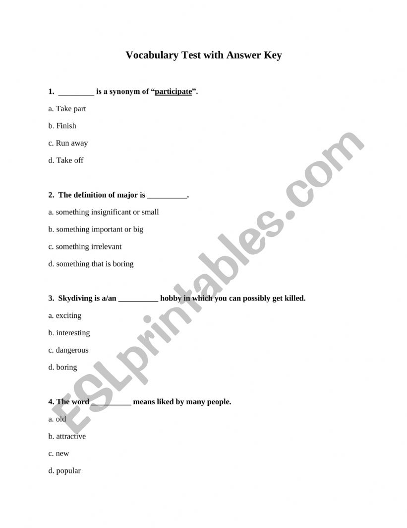 Vocabulary Quiz worksheet