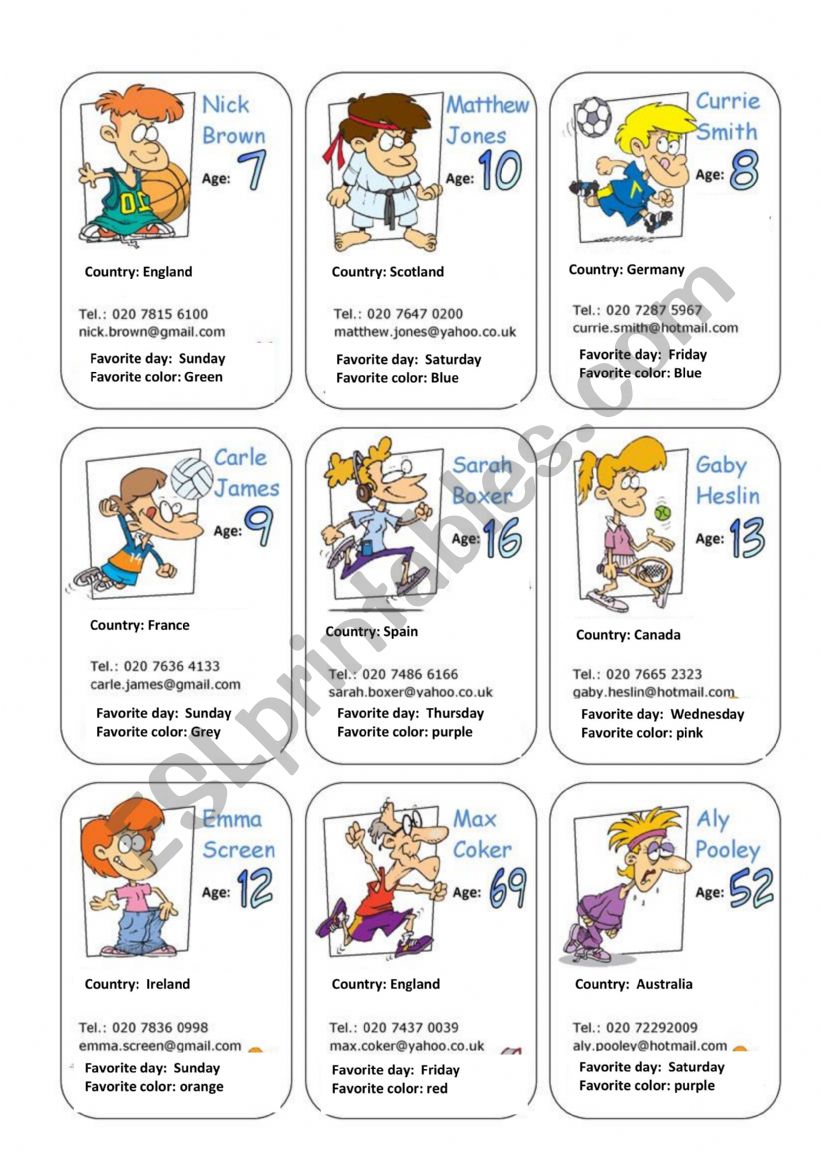 Personal info speaking cards worksheet