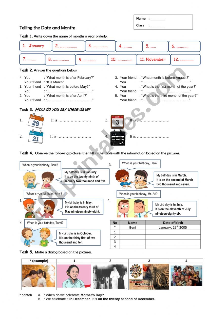 Telling Date and Months worksheet