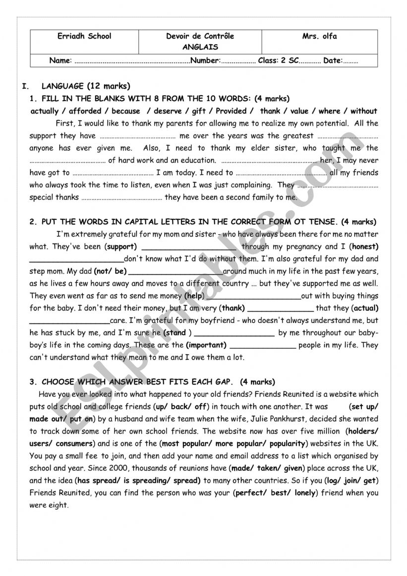 devoir de controle N1 for 2nd graders