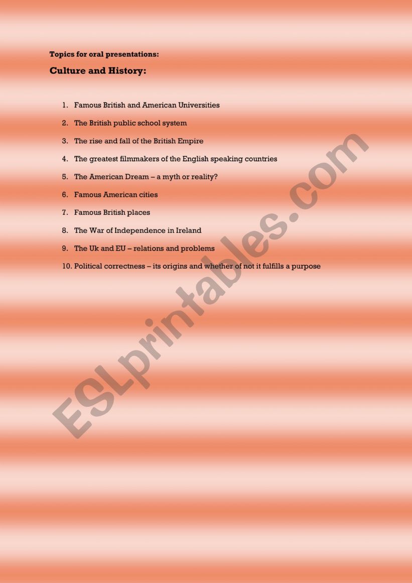 Topics for oral presentation worksheet