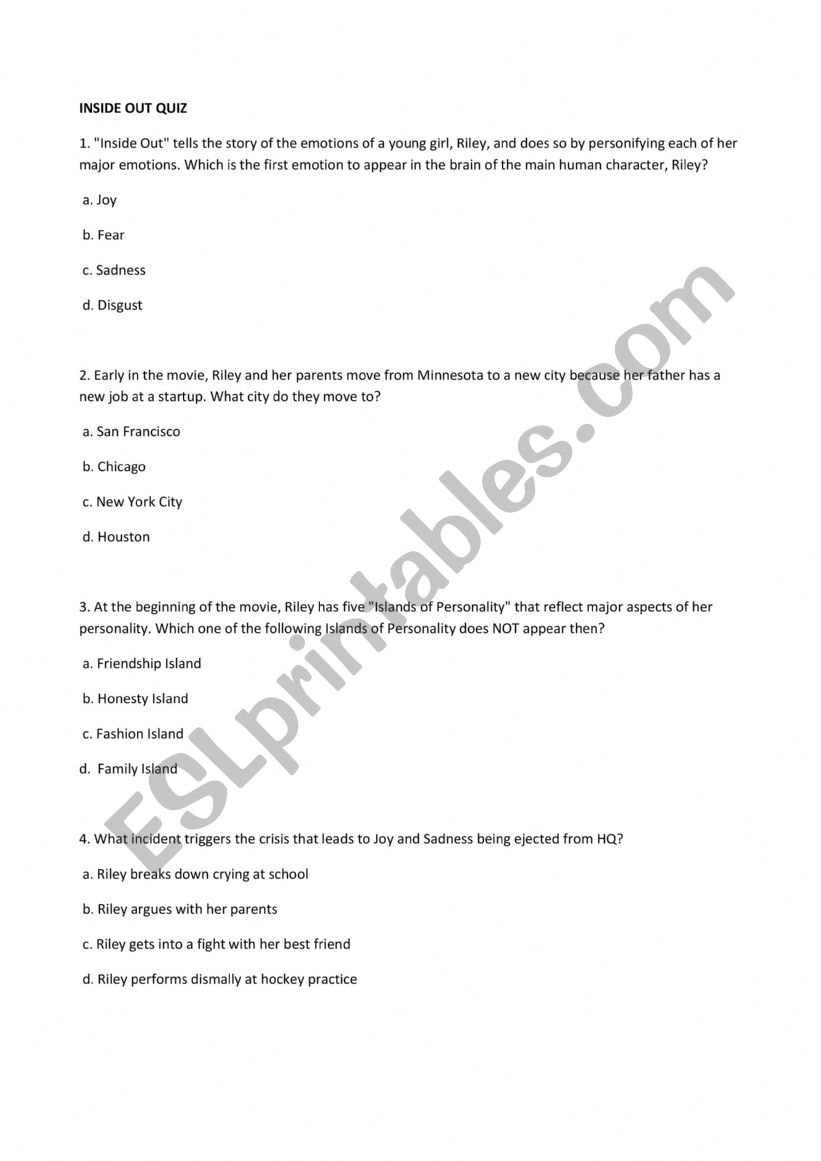 Inside Out Quiz worksheet