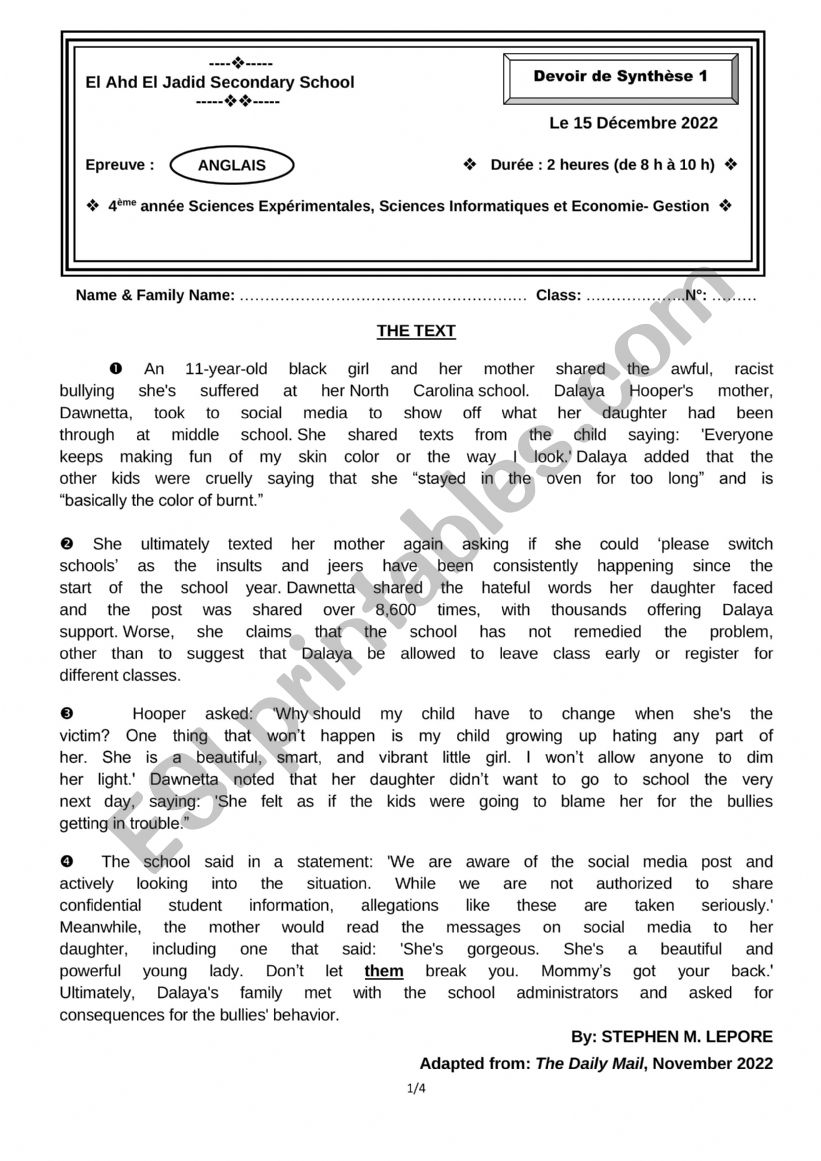 4th form Full- term test 1 worksheet