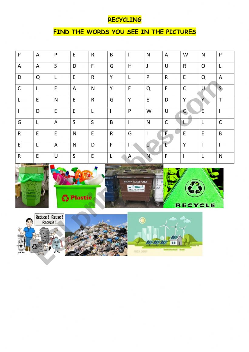 RECYCLING WORD SEARCH + KEY worksheet