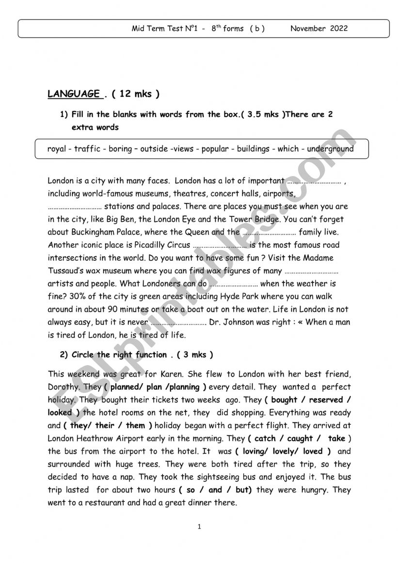 Mid term test 1 8th form  worksheet