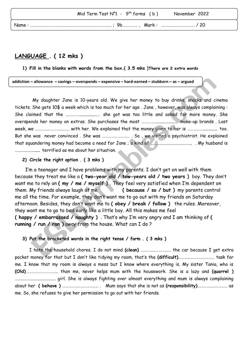 Mid term test 1 9th form  worksheet