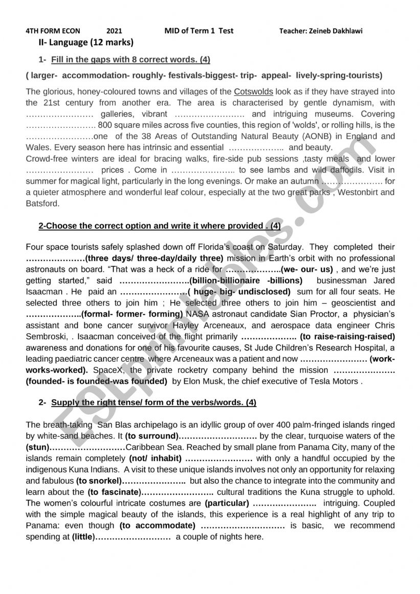 4th form Mid of Term 1 Test  worksheet