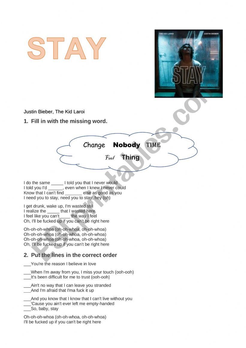 Stay- Justin Bieber worksheet