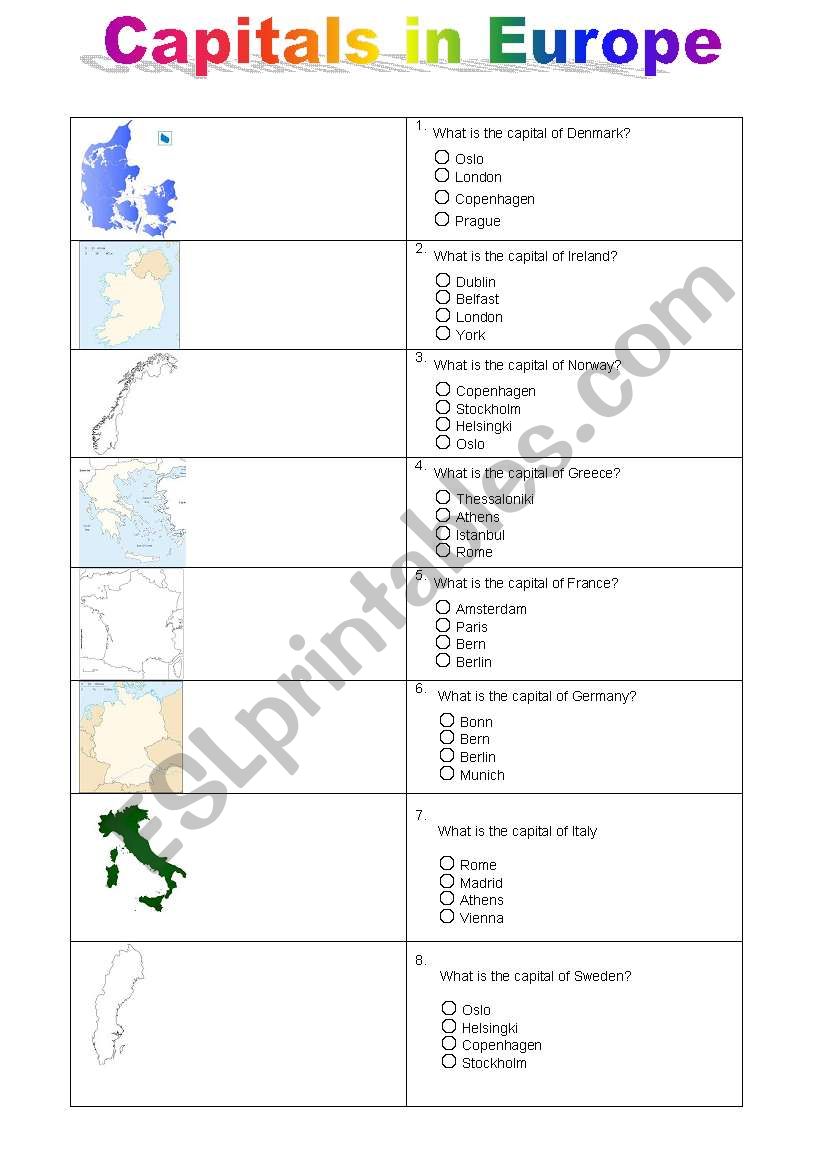 Capitals in Europe worksheet