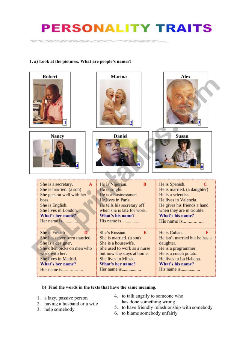 Personality traits worksheet