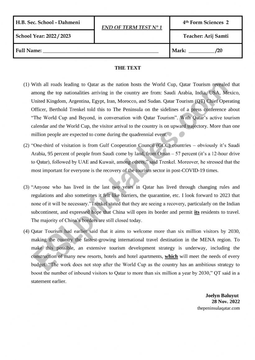 End of Term Test n1 worksheet