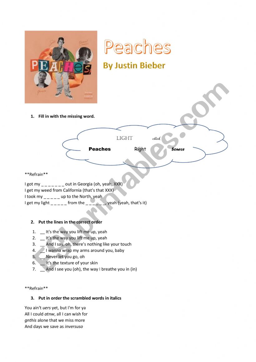 Peaches - Justin Bieber worksheet
