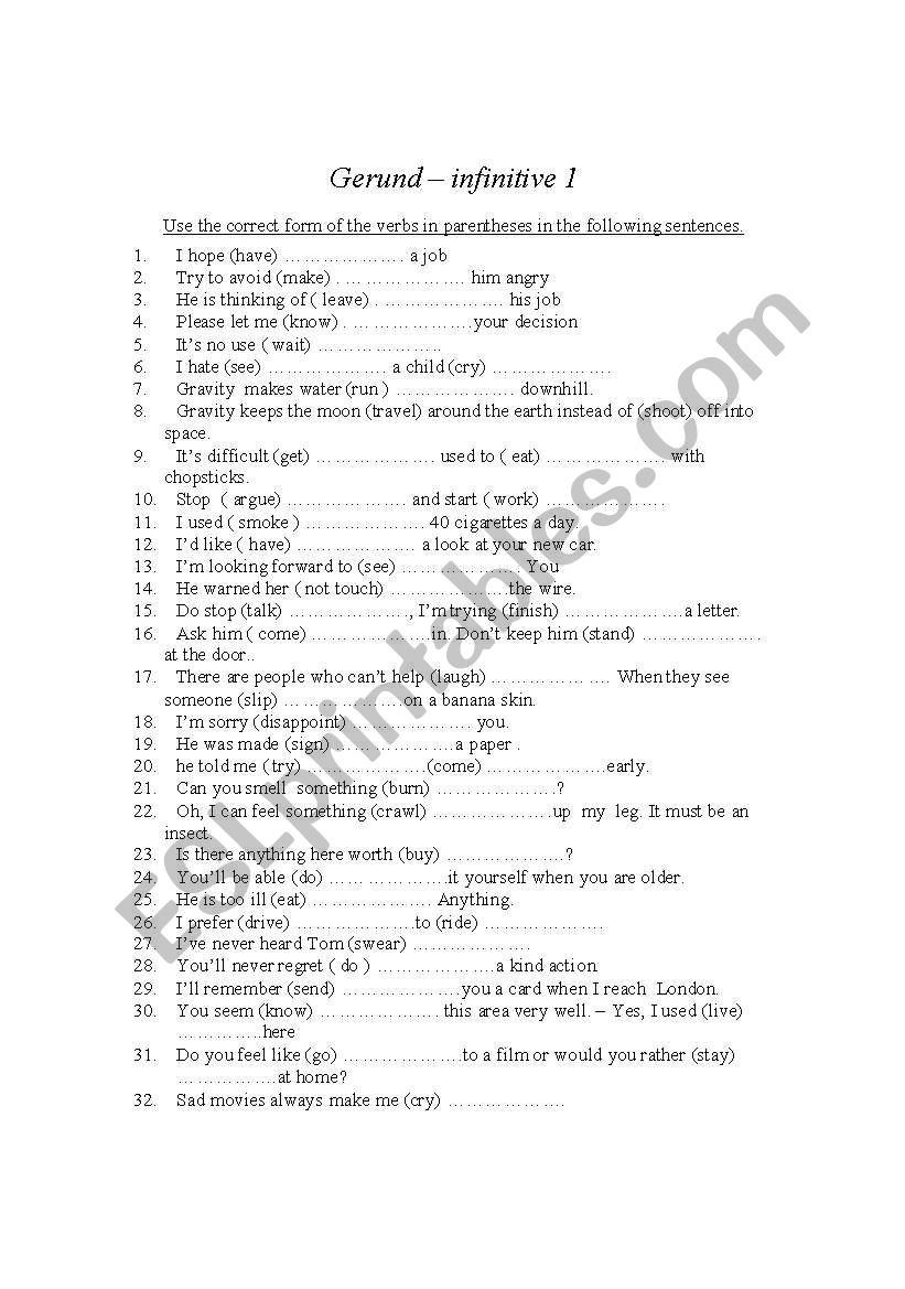 gerunds and infinitives worksheet