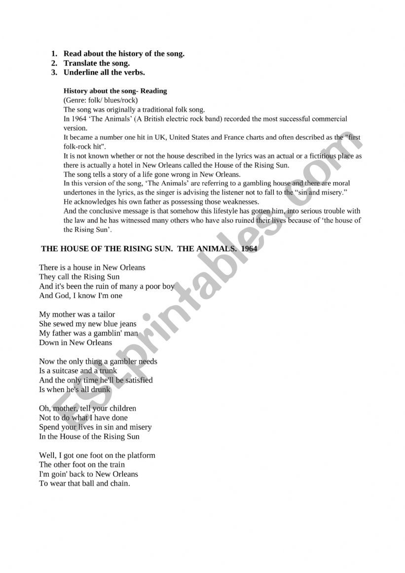 The House Of The Rising Sun.  worksheet